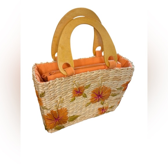 Faded Glory Straw Purse Wood Handles Orange Floral
Print Beachy 7”x 9” - Picture 1 of 8